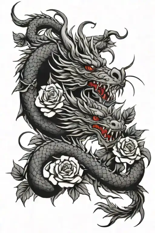 Japanese Dragon With Roses Intertwined Within Her She