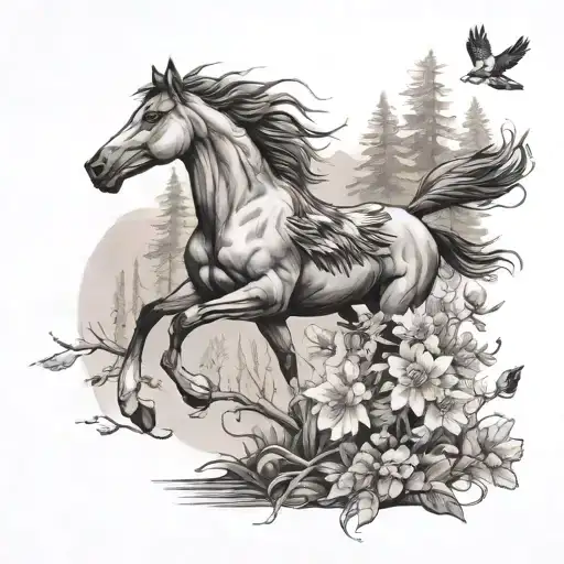 Horse And Magpie Bird In Forest Landscape On Underarm