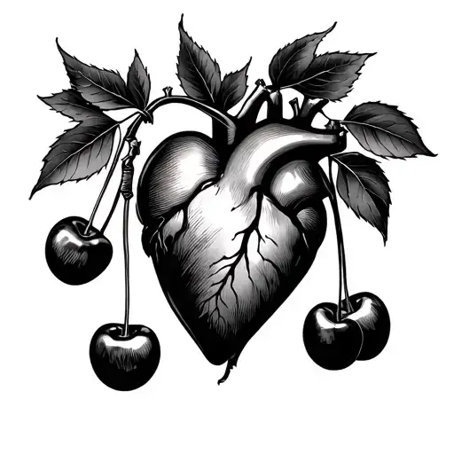 Cherries Next To Heart Organ Tattoo Design
