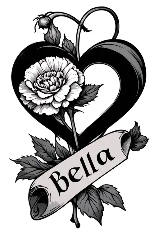 Carnation And Heart With The Word Bella On A Scroll