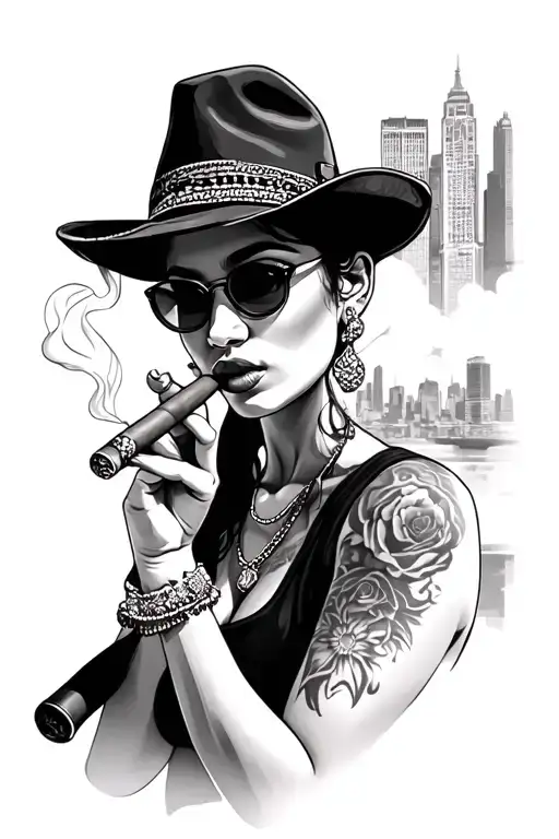 Realistic Chicano Girl With New York City Background Smoking A Cigar