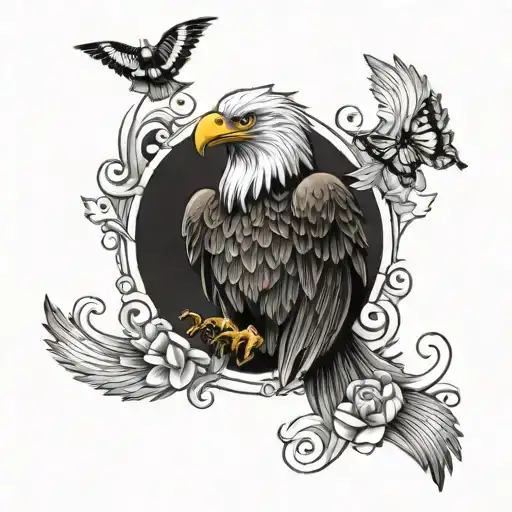 Eagle Surrounded By Wave With Flowers And Butterflies