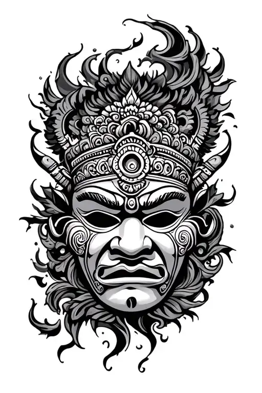 Traditional Nepalese Mask Surrounded By Swirling
