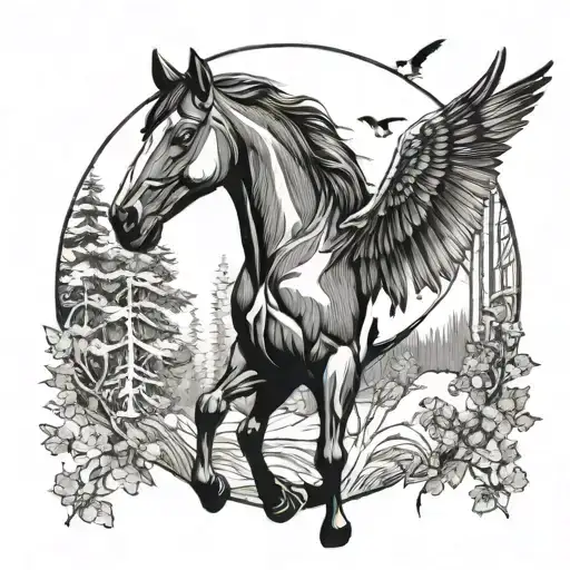 Horse And Magpie Bird In Forest