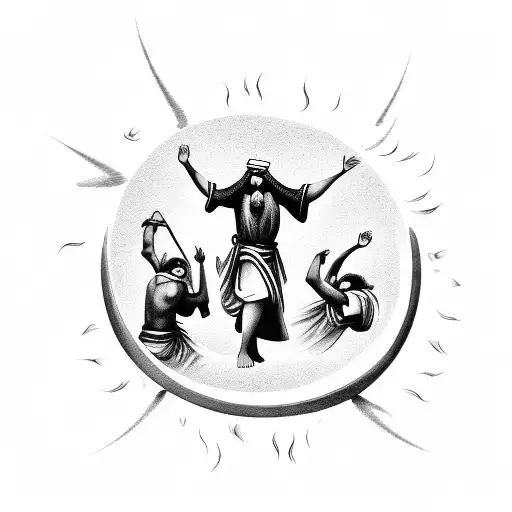 Three Old Testament Middle Eastern Men And The Holy Spirit Dancing Around A Blazing Fire