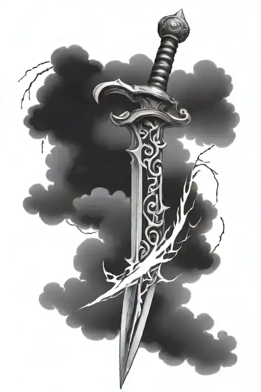 Sword Up And Down In Lightning Clouds Single Rows Center On Top