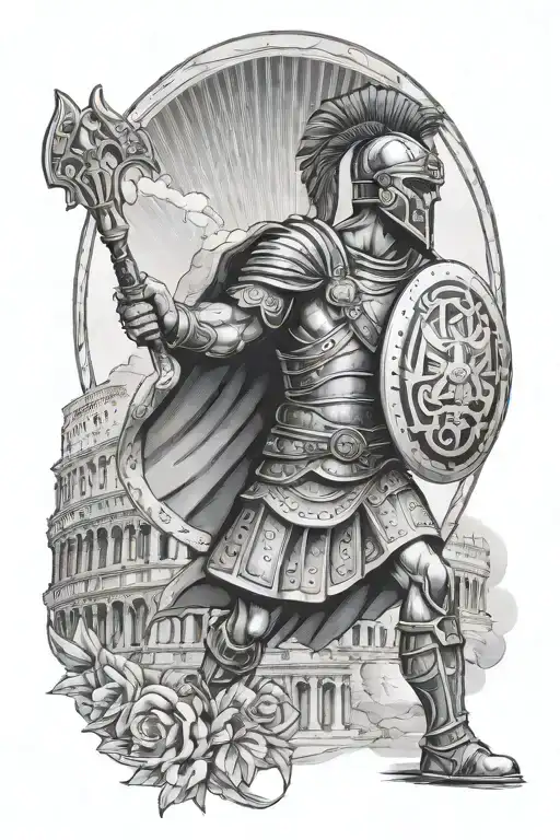 Tattoo With Roman Soldier With Shield That Has The Colosseum As Background