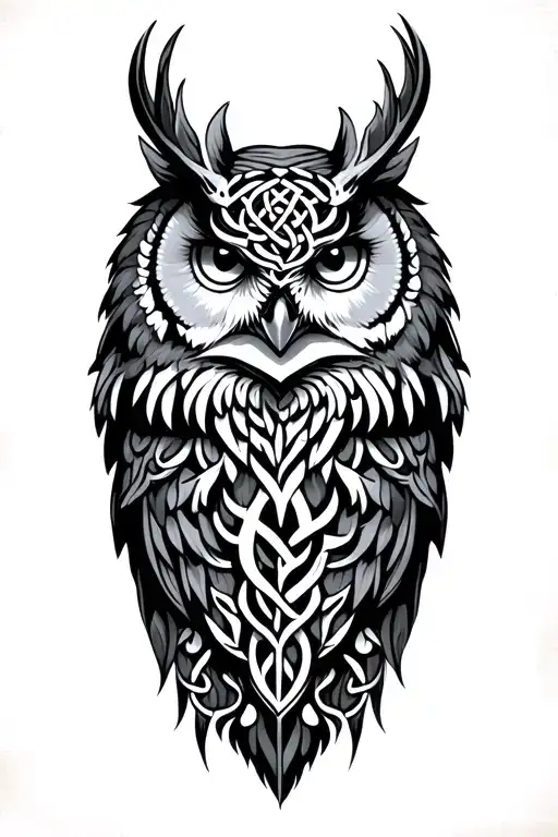 Owl And Celtic Deer Head With Trees