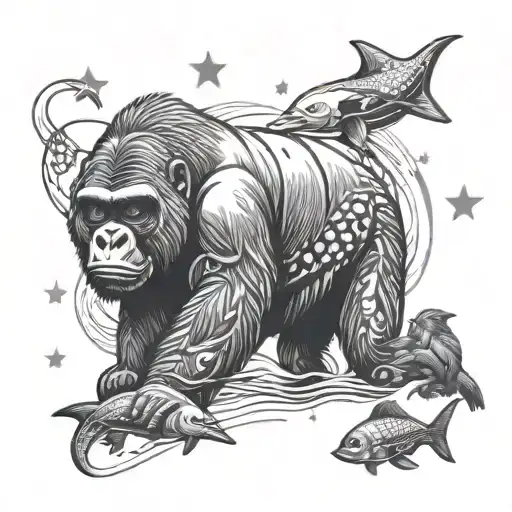 A Fishing Themed Tattoo With Gorillas And Stars