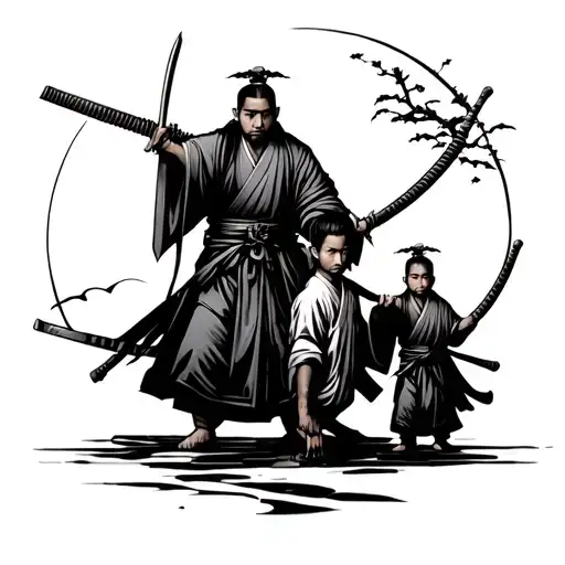 Japanese Samari Sword Man And Two Sons
