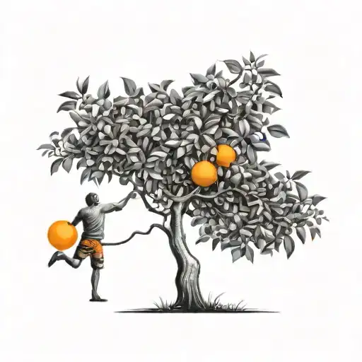 Orange Tree With Man Underneath Reaching For Orange Black And White The Orange Is Colored In