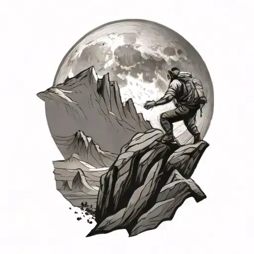 Man Climbing Mountain In Front Of Moon