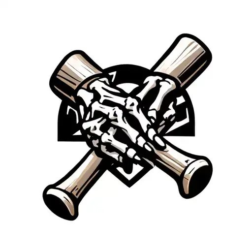 Skeleton Hands Holding Two Crossed Wooden Baseball Bats