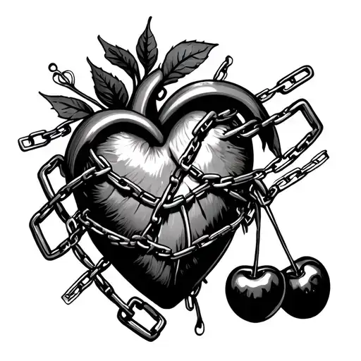 Cherries Next To Heart Organ With Chains Wrapped Around Squeezing The Middle Tight Tattoo Design