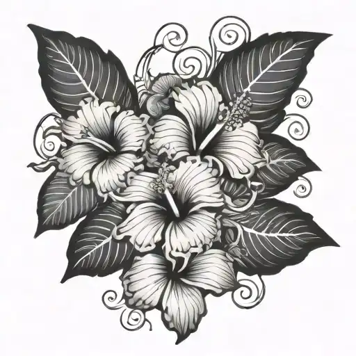 Hibiscus Flowers With Vines And Ocean Animals