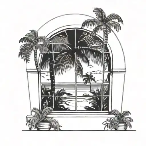 Minimalist Curved Window Sill Looking Onto Beach With Palm Trees Ixtapa Mexico