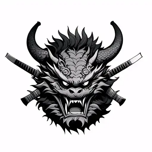 Oni Mask With Dragon Wrapped With Katanas Stab