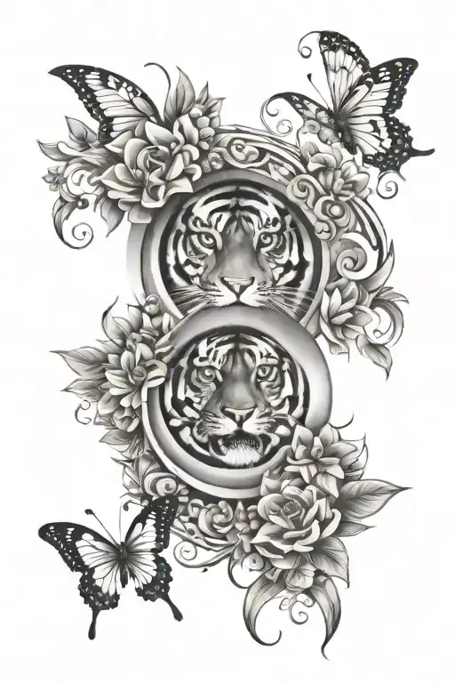 Eye Of Tiger And Human Eye Surronded With Flowers And Butterflies