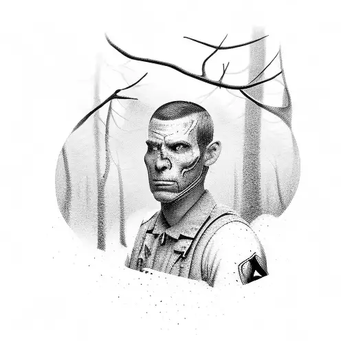 A Black-grey Tattoo Of A Soldier Hiking Through A Forest With A Gambling Theme Incorporated