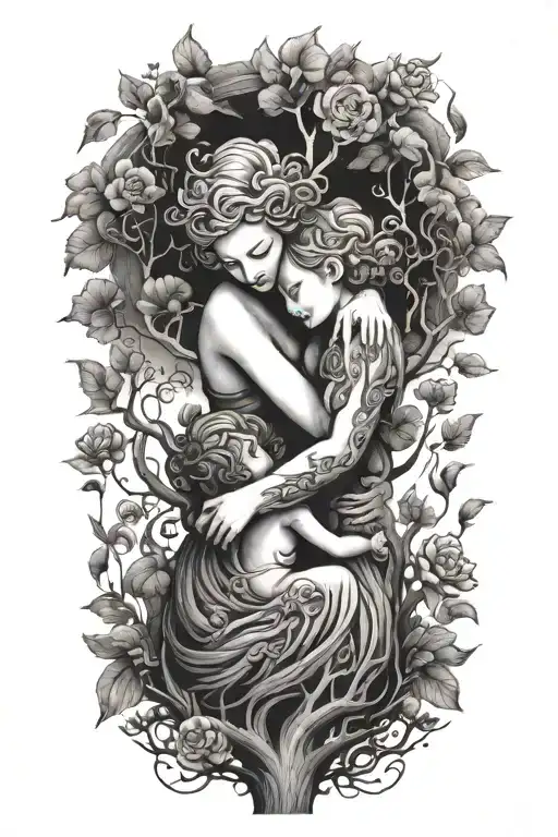 Mother Embracing Boy And Girl Tree Growing