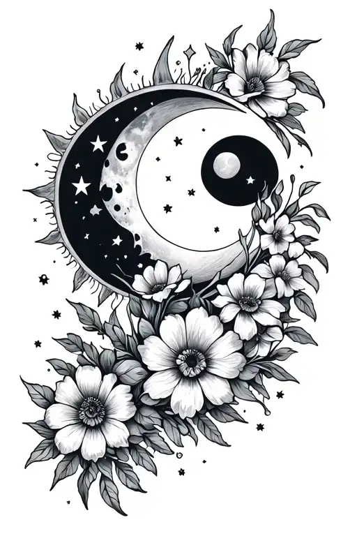Sun And Moon Together With Flowers Growing