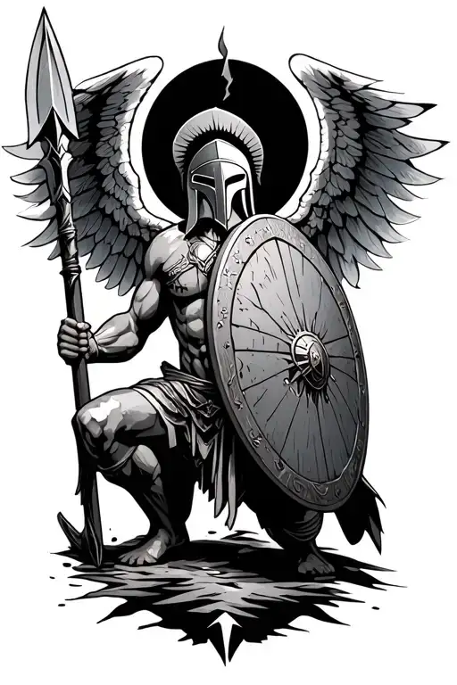 A Spartan On His Knees Holding A Spear With A Broken Shield And Wings