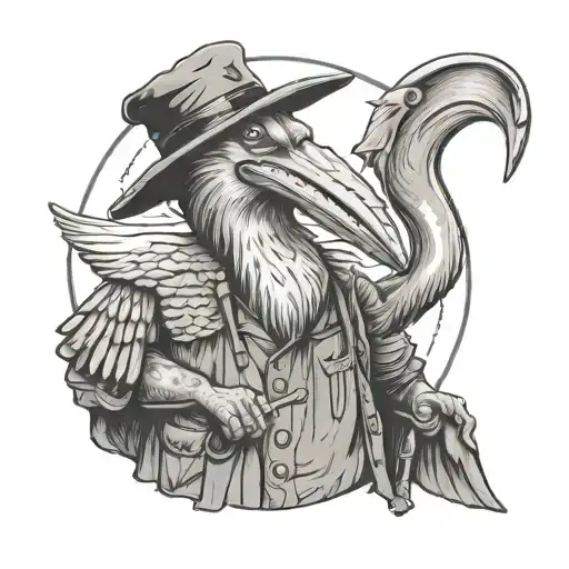 Portrait Of An Anthropomorphic Pelican As A Fisherman With Hat And A Raincoat