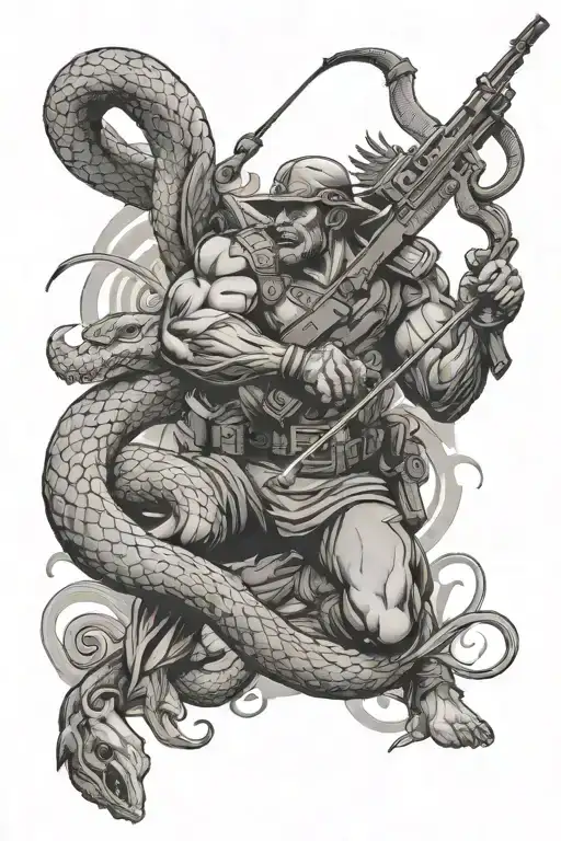 Angle Warrior With Rifle Killing Snake Coiled