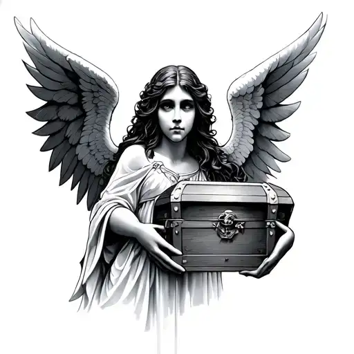Two Faced Angel Holding Treasure Chest