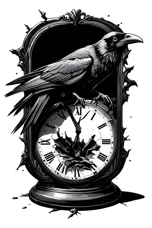 A Raven Perched On A Broken Knocked Over Hour Glass With Distorted Time
