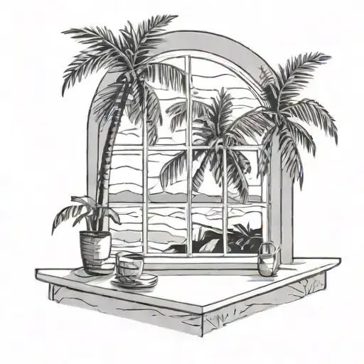 Minimalist Window Sill Looking Onto Beach With Palm Trees Ixtapa Mexico