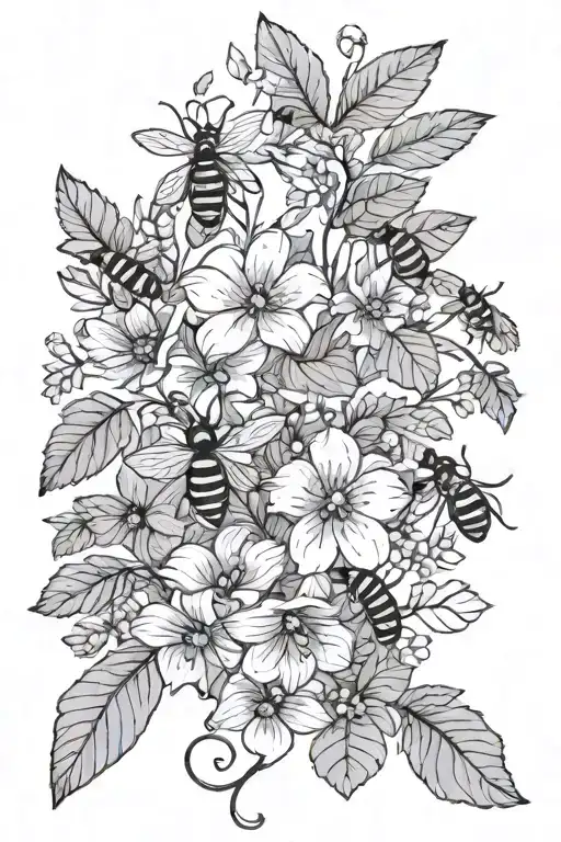 Long Sleeve Floral Vine With Unpainted Leaves And Bees In Minimalist Style