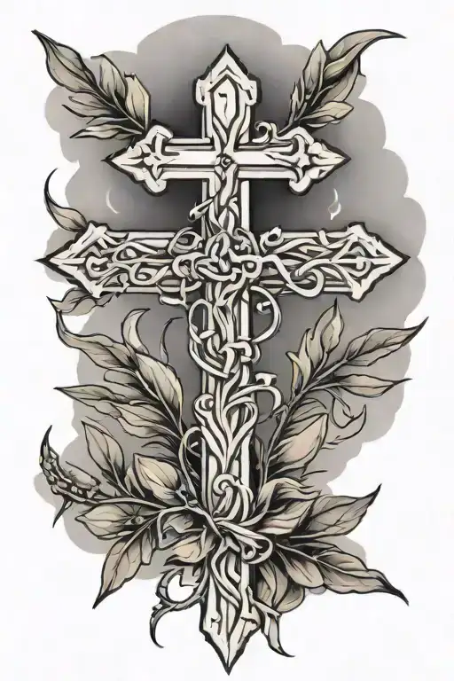 Christian Cross Wrapped With Olive Branch And Cloud