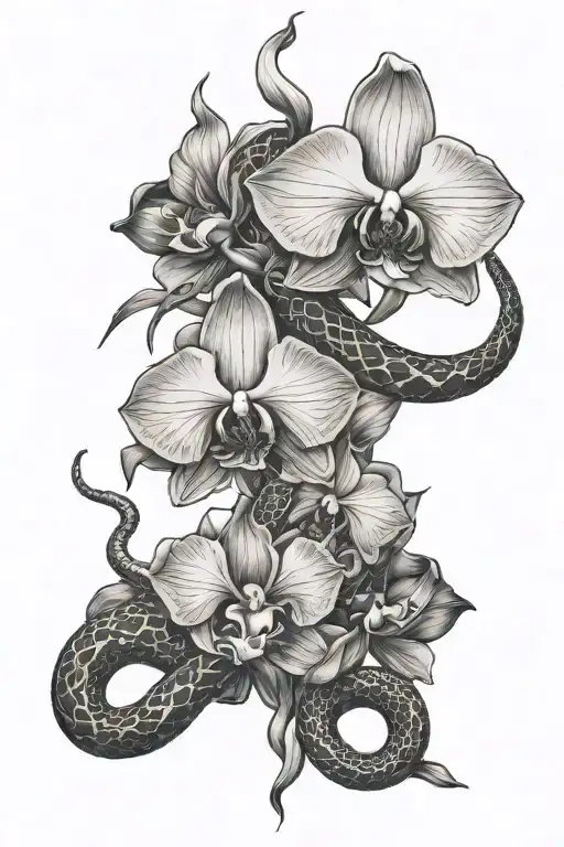 Orchids And Snakes Wrapping Around Two Edged Sword
