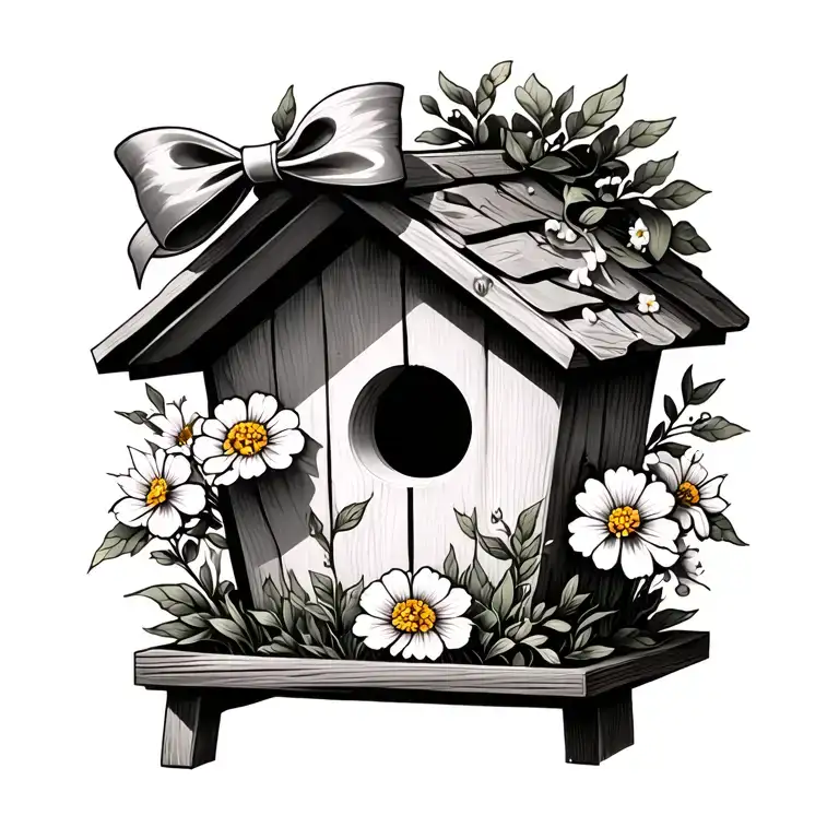 Simple Birdhouse With Honeysuckle And Marigolds Inside And A Simple Bow On Top