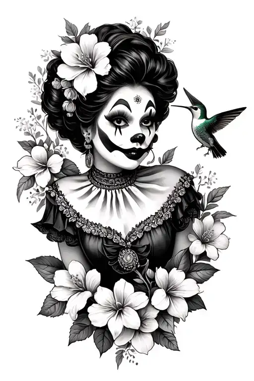 Chicana Clown Woman With Hummingbird And Honeysuckle Flowers