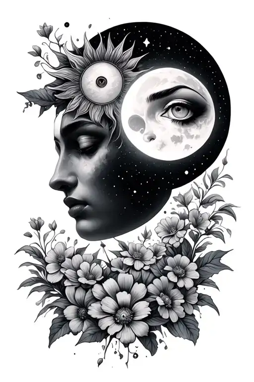 Sun And Moon Together With Faces With Flowers Growing
