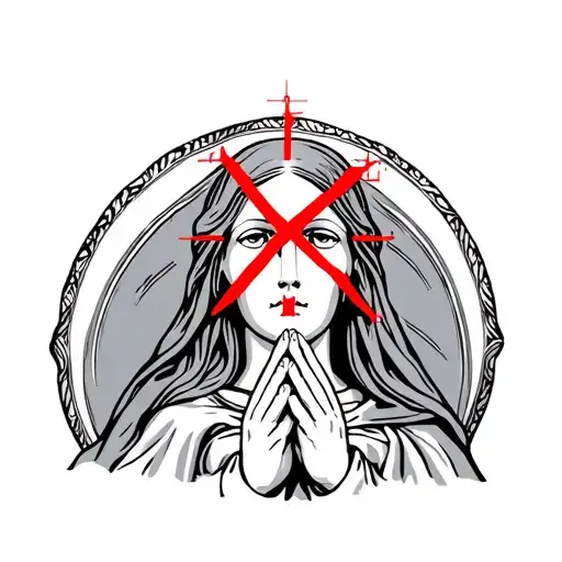 Full Body Praying Mary Statue Red Painted X Across Eyes Staring