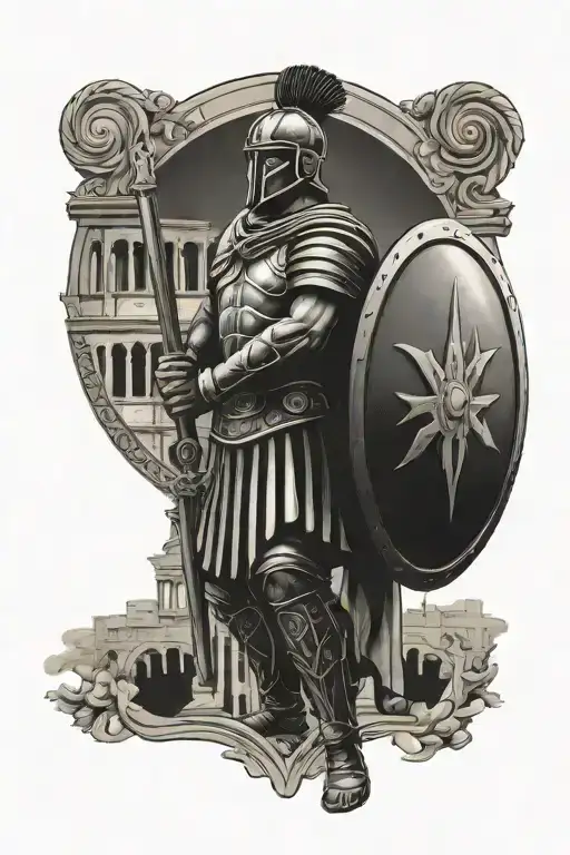 Tattoo With Roman Soldier With Shield That Has The Colosseum As Background