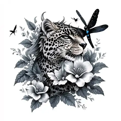 Leopard Back Ground Sleeve With Flowers And Dragon Flies And Humming Birds