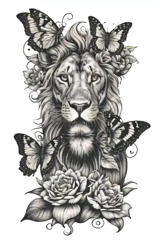 Female Lion With Butterflies Waterlily Blooming