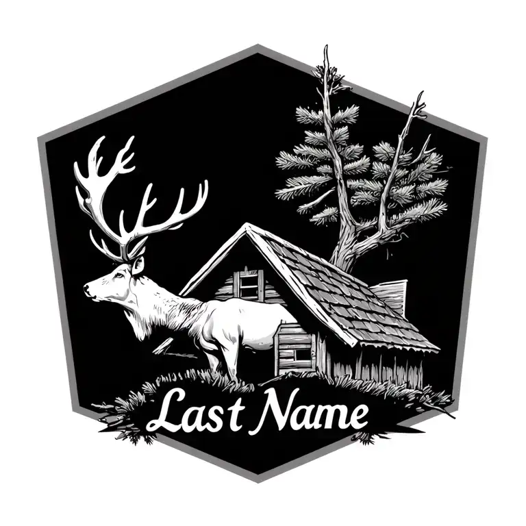 Last Name Horn With A Pine Branch And An Elk Shed Roof Exploding