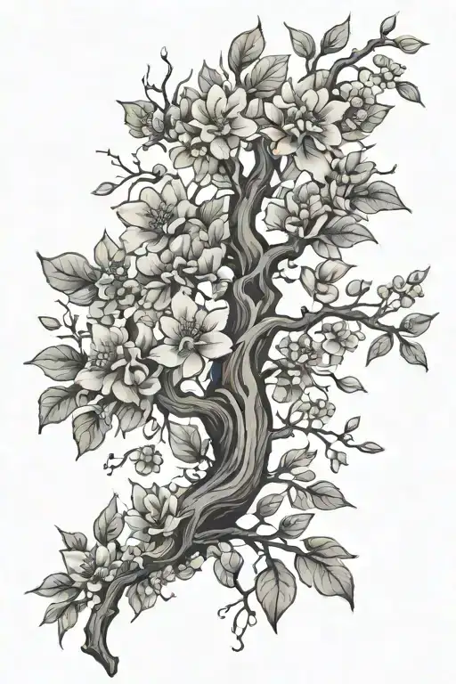 Tree Branches With Some Leaves And Flowers Blooming