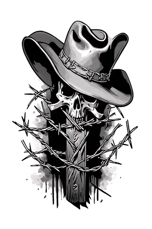 Cross With A Cowboy Hat And Barbed Wire