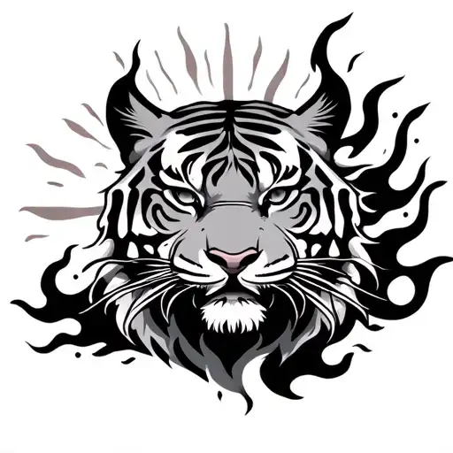 Japanese Tiger With Flames And Sun