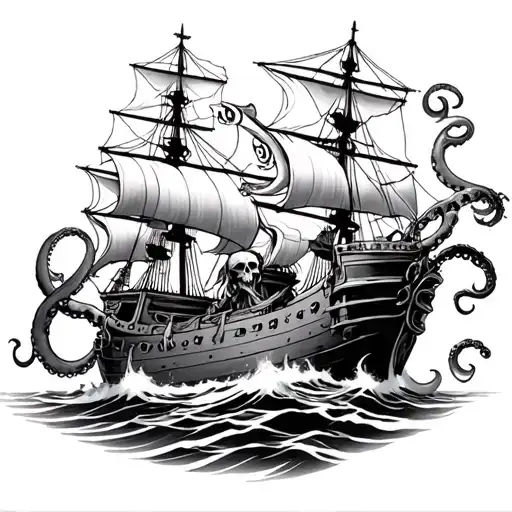 Skeltons Fighting Octopus And Tentacles On Ship Sailing