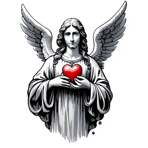 Fine Minimalist Line Drawing Of An Angel Who Holds A Heart In His Hands