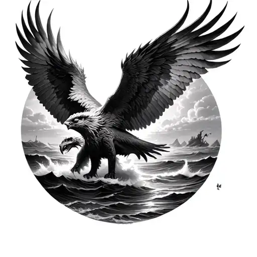 Mythical Griffin Landing Over The Breaking Tide During Sunset