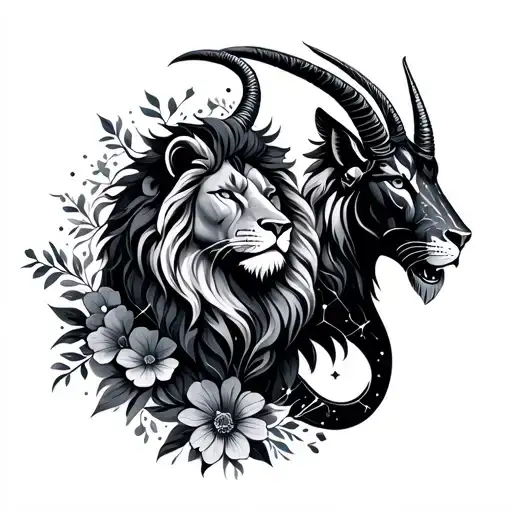 Astrological Sign And Constellation Lion And Capricorn With Floral
