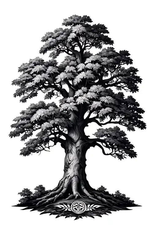 A Big Oak Tree With Lots Of Leafs With A Laurel Wreath With A Tribal Design